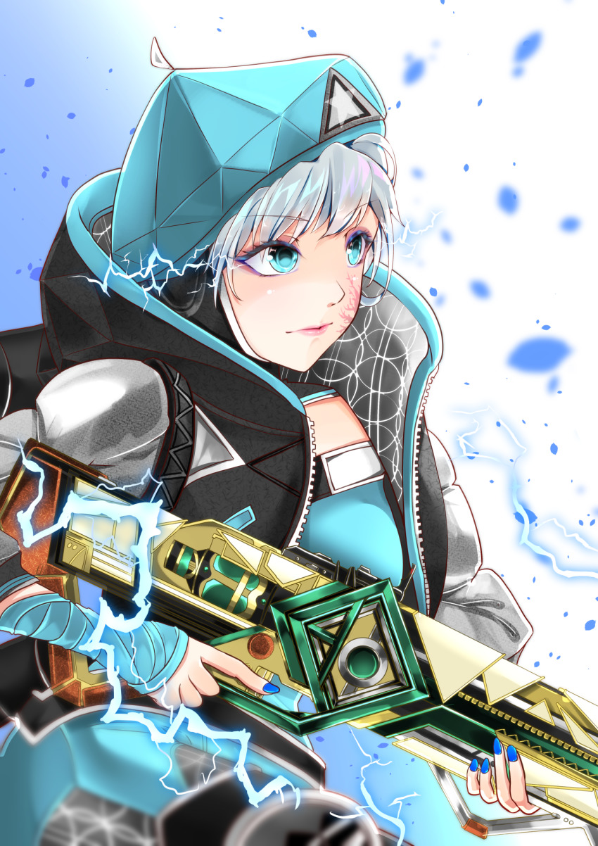 1girl, animification, apex_legends, assault_rifle, beret, black_hat, black_jacket, blue_bodysuit