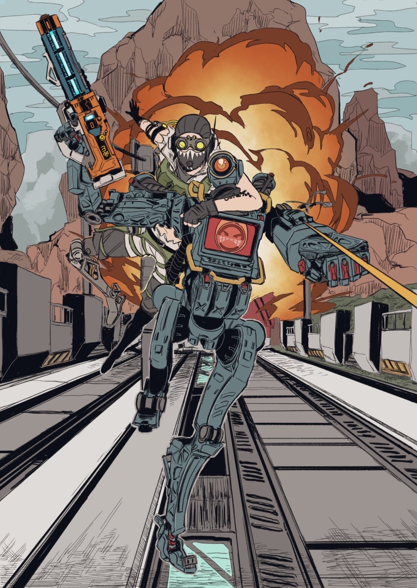 2boys, apex_legends, arm_around_neck, assault_rifle, black_gloves, cable, clenched_hand, energy_gun, explosion, fingerless_gloves, gloves, goggles, gun, havoc_energy_rifle, highres, holding, holding_gun, holding_weapon, humanoid_robot, in-universe_location, looking_at_viewer, looking_up, male_focus, mask, mouth_mask, multiple_boys, octane_(apex_legends), one-eyed, pathfinder_(apex_legends), red_eyes, rifle, robot, running, weapon, y_(user_rjry7778)