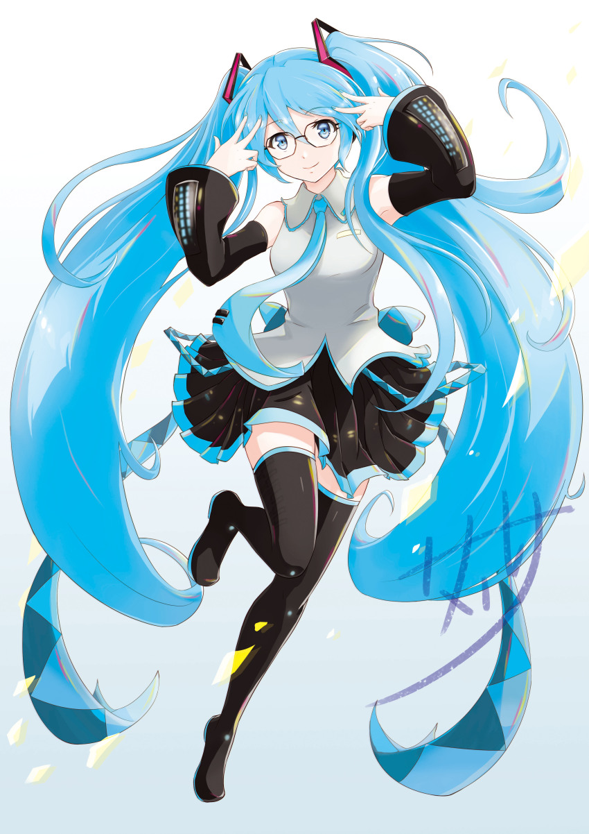 1girl, absurdres, bespectacled, black_sleeves, blue_eyes, blue_hair, blue_necktie, boots