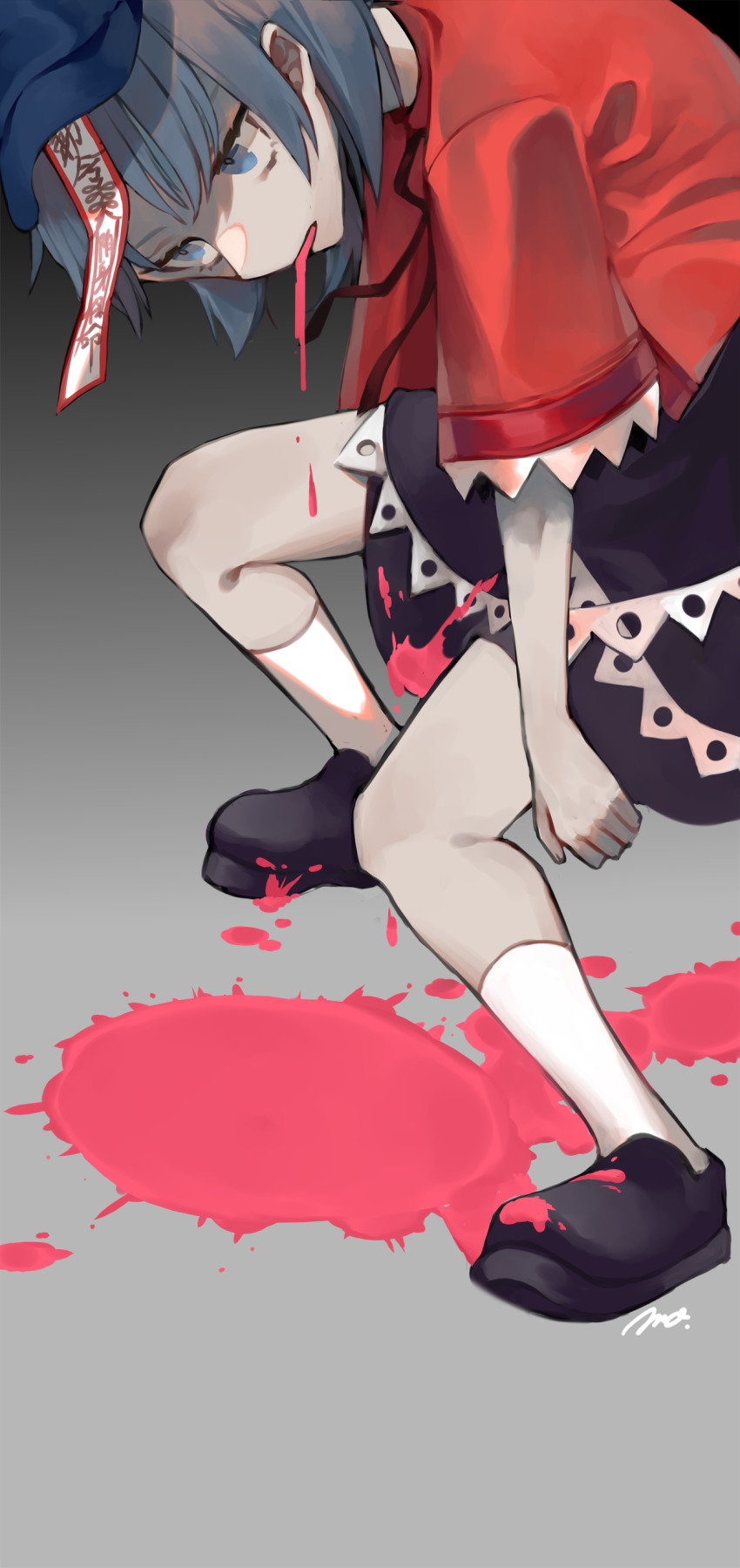 1girl, absurdres, arms_at_sides, black_footwear, black_neckwear, black_ribbon, black_skirt, blood