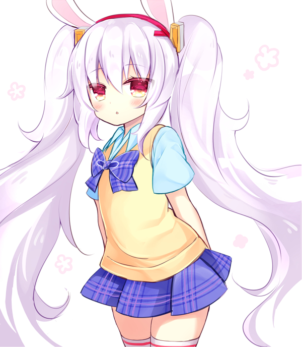 1girl, animal_ears, arms_behind_back, azur_lane, blue_bow, blue_shirt, blue_skirt, blush