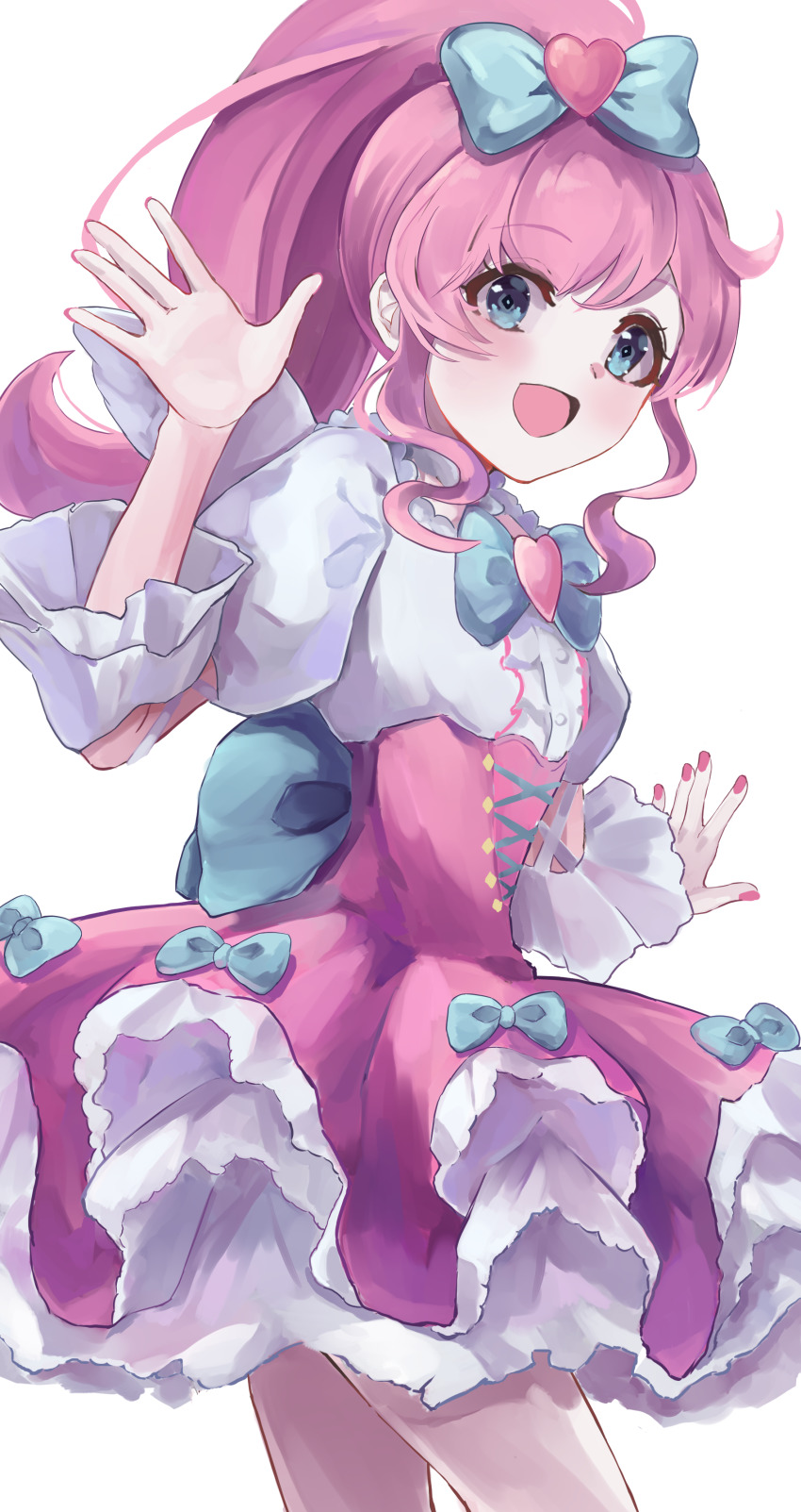 1girl, :d, absurdres, angel_wings, blue_bow, blue_eyes, blush, bow, brooch, commentary, corset, cowboy_shot, diamond-shaped_pupils, diamond_(shape), dress, dress_bow, fake_wings, from_side, hair_bow, heart, heart_bow, heart_brooch, high_ponytail, highres, idol, jewelry, kiratto_pri_chan, long_hair, looking_at_viewer, looking_to_the_side, momoyama_mirai, nail_polish, open_mouth, pink_dress, pink_hair, pink_nails, ponytail, pretty_series, puffy_sleeves, simple_background, smile, solo, symbol-shaped_pupils, temple_circle, waving, white_background, wings