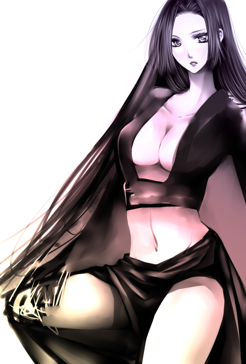 1girl, bad_id, bad_pixiv_id, black_hair, boa_hancock, breasts, cleavage, female_focus, ff_gradient, greyscale, highres, kanae_(aab), long_hair, midriff, monochrome, navel, one_piece, simple_background, solo, very_long_hair, white_background