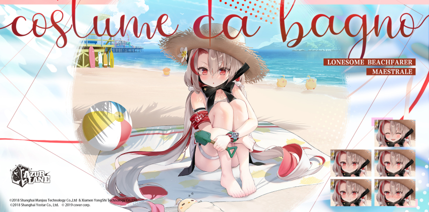 1girl, :o, azur_lane, bare_shoulders, barefoot, beach, byulzzi, expressionless