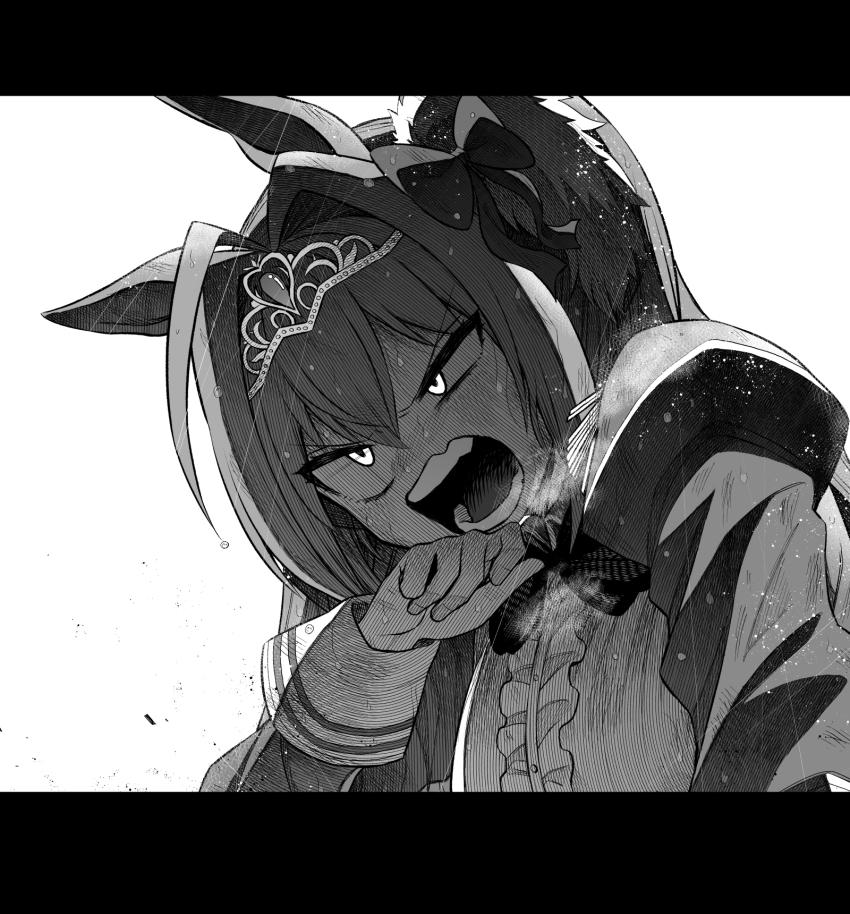 1girl, animal_ears, bow, bowtie, breath, daiwa_scarlet_(umamusume), greyscale, hair_between_eyes
