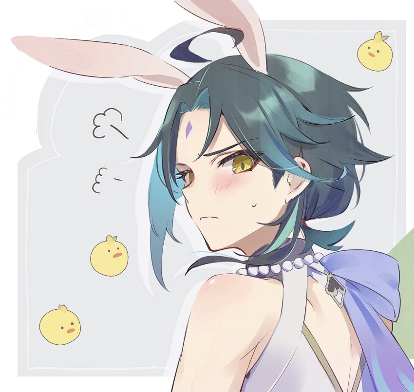 1boy, ahoge, animal_ears, aqua_hair, baby_animal, back, bead_necklace, beads, bird, blush, chick, closed_mouth, facial_mark, genshin_impact, green_hair, gumilkx, head_tilt, highres, jewelry, male_focus, multicolored_hair, necklace, puff_of_air, rabbit_ears, simple_background, solo, sweat, upp, upper_body, xiao_(genshin_impact), yellow_eyes