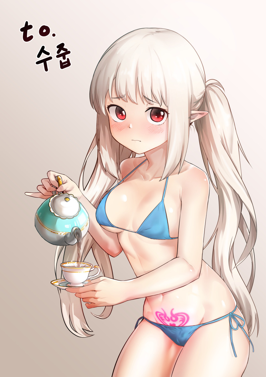 1girl, absurdres, bikini, blue_bikini, blush, breasts, closed_mouth, commission