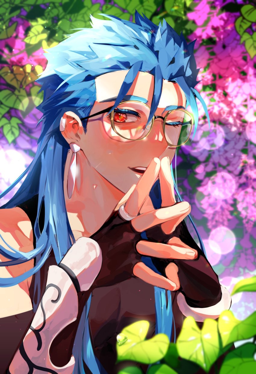 1boy, bespectacled, black_gloves, blue_hair, bracelet, colored_eyelashes, cu_chulainn_(caster)_(fate), cu_chulainn_(fate), dol_ishi, earrings, elbow_gloves, fate/grand_order, fate_(series), fingerless_gloves, fingers_together, flower, glasses, gloves, highres, jewelry, korean_commentary, long_hair, looking_at_viewer, male_focus, multiple_piercings, one_eye_closed, open_mouth, red_eyes, smile, solo, spiked_hair, tank_top, vambraces