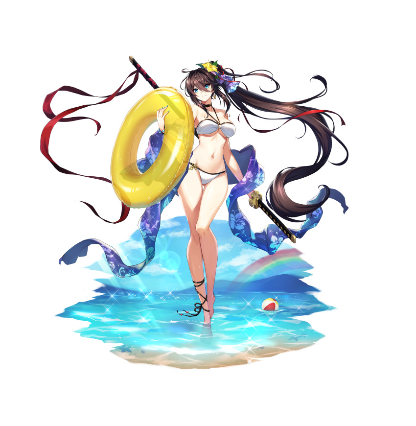 1girl, absurdres, ankle_ribbon, bad_proportions, ball, beach, beachball, bikini