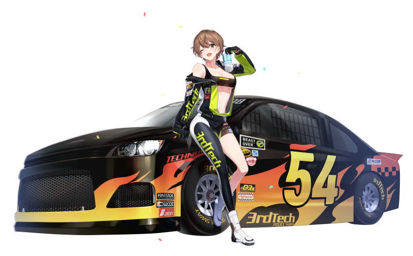 1girl, ;d, absurdres, arm_support, arm_up, asymmetrical_clothes, black_gloves, bodysuit