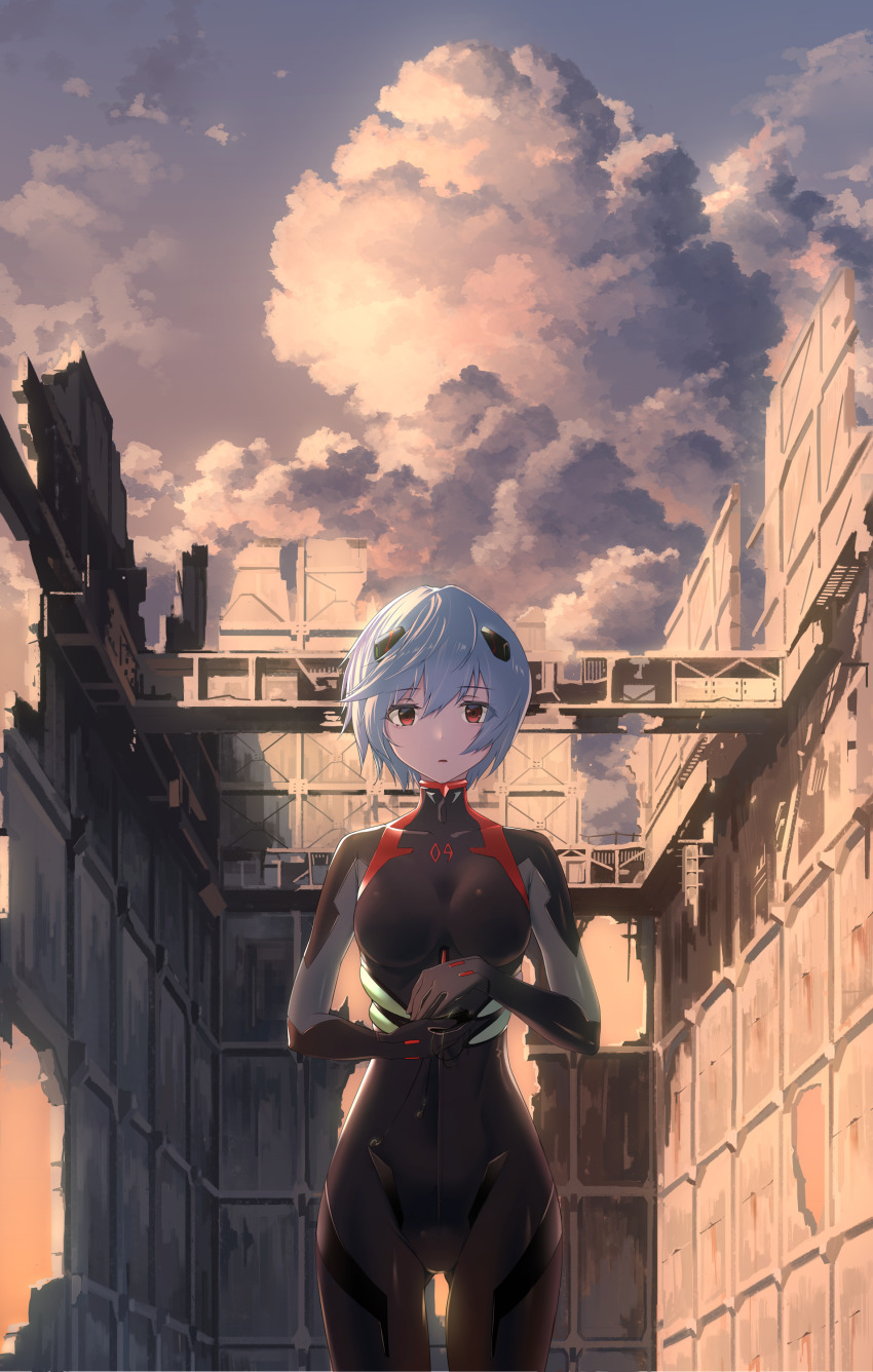 1girl, :o, absurdres, ayanami_rei, black_bodysuit, blue_hair, bodysuit, breasts, cloud, cumulonimbus_cloud, evangelion:_3.0_you_can_(not)_redo, evening, highres, holding, interface_headset_(evangelion), looking_at_viewer, mecha_pilot_suit, medium_breasts, neon_genesis_evangelion, open_mouth, outdoors, plugsuit_(evangelion), rebuild_of_evangelion, red_eyes, scenery, short_hair, sky, solo, tsunosekai
