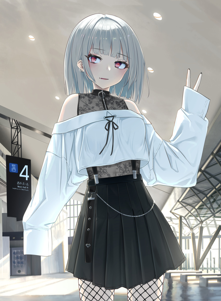 1girl, black_legwear, black_skirt, breasts, ear_piercing, eyelashes, fang, fishnet_legwear, fishnets, floral_print, goth_fashion, gothic, highres, indoors, jewelry, long_sleeves, medium_breasts, midriff_peek, original, piercing, pink_eyes, see-through_clothes, short_hair, silver_hair, skirt, sleeves_past_fingers, sleeves_past_wrists, solo, suspender_skirt, suspenders, tsunosekai, v