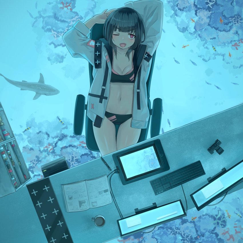 1girl, aquarium, at_computer, bikini, black_bikini, black_hair, blunt_bangs, blush