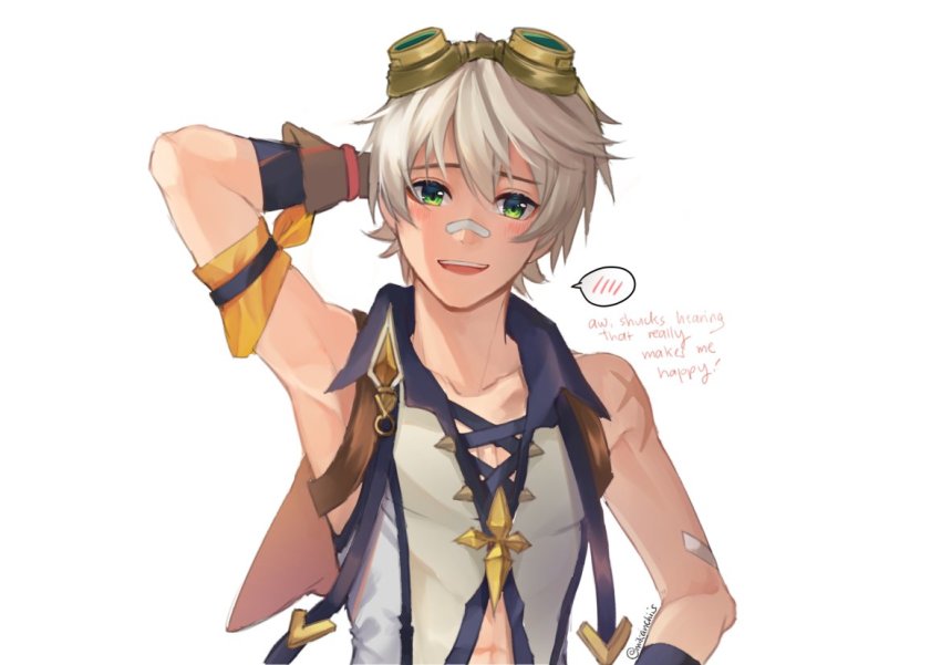 1boy, abs, arm_behind_head, arm_up, armband, armpits, bandaid, bandaid_on_arm