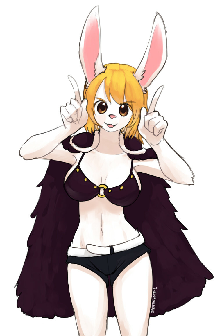 animal_ears, armor, beast_pirates_uniform, bikini_armor, blonde_hair, breasts, bunny_ears_gesture, cape