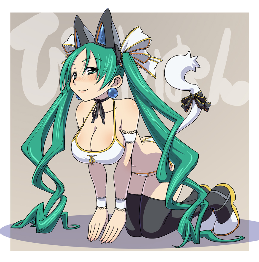 1girl, all_fours, animal_ears, bikini, blush, bow, breasts, cat_ears, cat_tail, choker, cleavage, earrings, female_focus, green_hair, haganemaru_kennosuke, hair_ribbon, jewelry, large_breasts, long_hair, pygmalion, pygmalion_(shinrabanshou), ribbon, ribbon_choker, robot_ears, shinrabanshou, solo, swimsuit, tail, tail_ornament, tail_ribbon, thighhighs, twintails, white_bikini