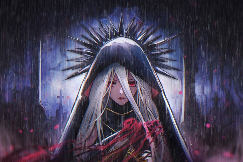 cross, dark_templar_(dungeon_and_fighter), dungeon_and_fighter, female_slayer_(dungeon_and_fighter), highres, hood, long_hair, looking_at_viewer, mizupein, rain, red_eyes, red_lips, tombstone, white_hair