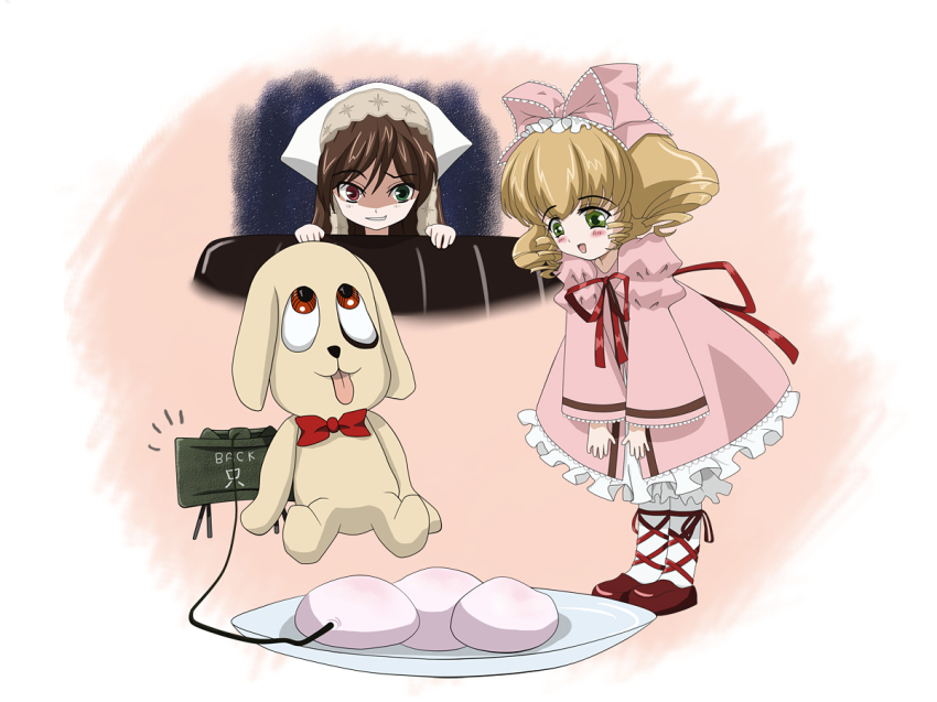 00s, 2girls, anti-personnel_mine, anti-personnel_weapon, bad_id, bad_pixiv_id, blonde_hair, bow