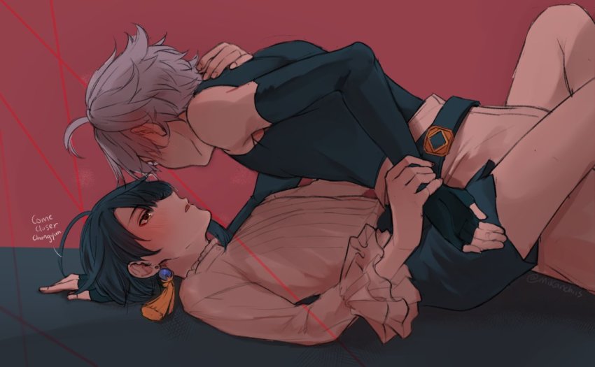 2boys, ahoge, bare_shoulders, blue_hair, blue_shorts, blush, chongyun_(genshin_impact), commentary, earrings, english_commentary, english_text, fingerless_gloves, frilled_shirt_collar, frilled_sleeves, frills, genshin_impact, gloves, hair_between_eyes, hand_on_another's_neck, holding, holding_another's_wrist, imminent_kiss, jewelry, long_sleeves, lying, male_focus, mikanchii, multiple_boys, on_back, open_mouth, short_hair, shorts, simple_background, single_earring, sleeveless, untranslatable_commentary, tassel, tassel_earrings, thread, xingqiu_(genshin_impact), yaoi, yellow_eyes