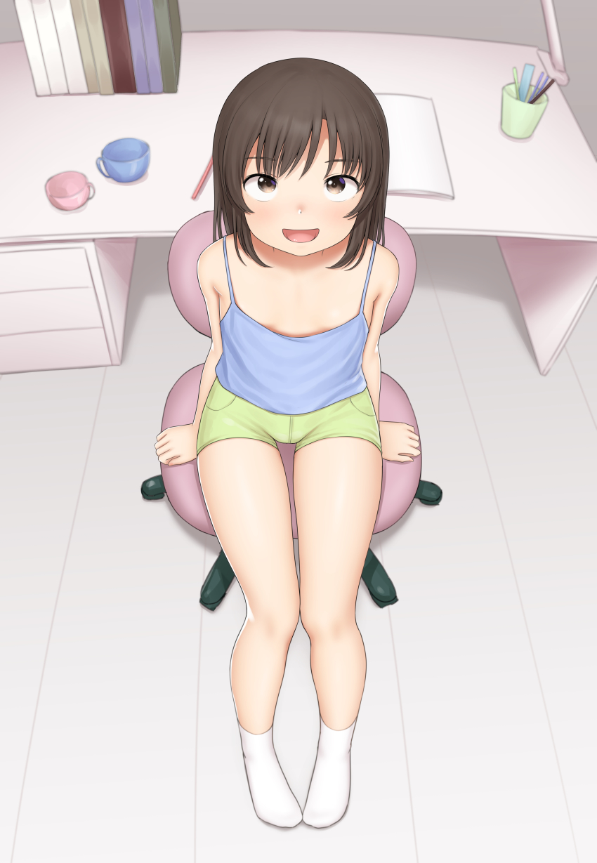 1girl, absurdres, blue_camisole, breasts, brown_eyes, brown_hair, camisole, chair, desk, downblouse, from_above, full_body, green_shorts, highres, indoors, legs, looking_at_viewer, looking_up, open_mouth, original, sc_naru, short_hair, short_shorts, shorts, sitting, small_breasts, smile, socks, solo, thigh_gap, thighs, white_footwear