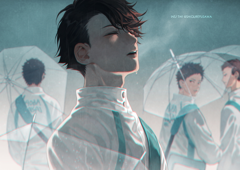 4boys, blurry, brown_hair, closed_eyes, haikyuu!!, male_focus, multiple_boys, oikawa_tooru_(haikyuu!!)