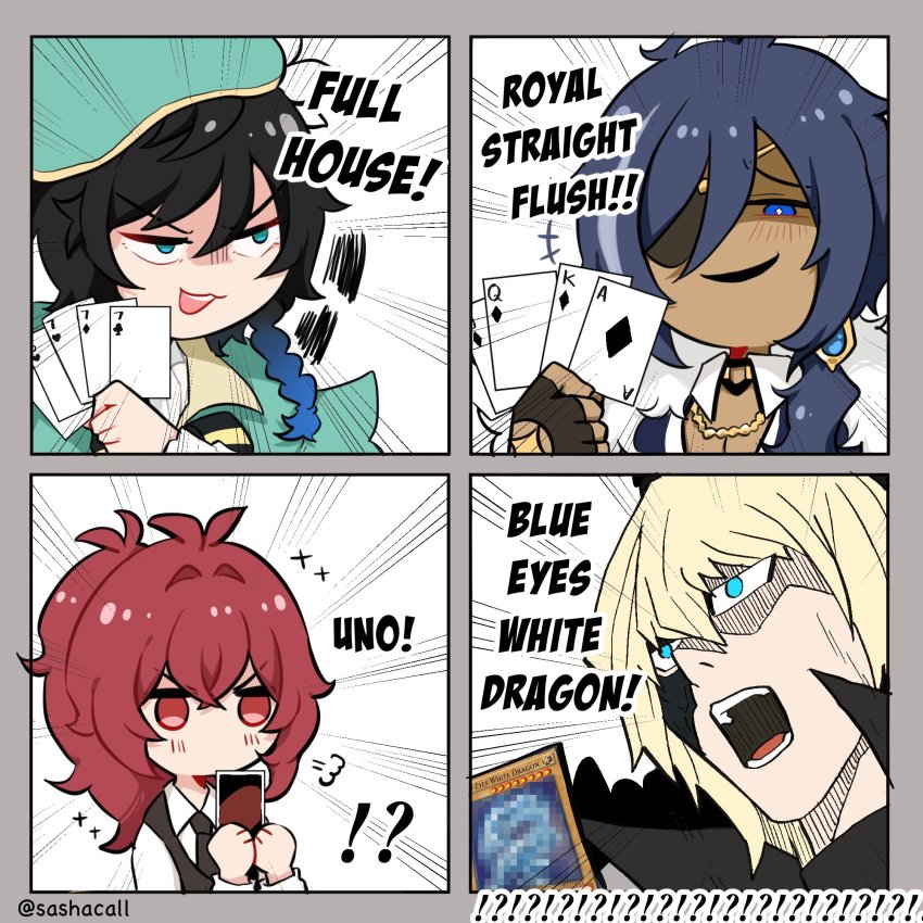4boys, ace_(playing_card), ace_of_diamonds, bare_shoulders, black_hair, blonde_hair, blue-eyes_white_dragon, card, censored, dainsleif_(genshin_impact), dark-skinned_male, dark_skin, diamond_(shape), diluc_(genshin_impact), earrings, english_text, genshin_impact, green_headwear, hair_between_eyes, hat, highres, holding, holding_card, jack_(playing_card), jack_of_diamonds, jewelry, kaeya_(genshin_impact), king_(playing_card), king_of_diamonds, long_hair, mosaic_censoring, multiple_boys, playing_card, queen_(playing_card), queen_of_diamonds, red_hair, sashacall, simple_background, single_earring, smile, tassel, tassel_earrings, tsuda_kenjirou, uno_(game), venti_(genshin_impact), voice_actor_connection, you're_doing_it_wrong, yu-gi-oh!, yu-gi-oh!_duel_monsters