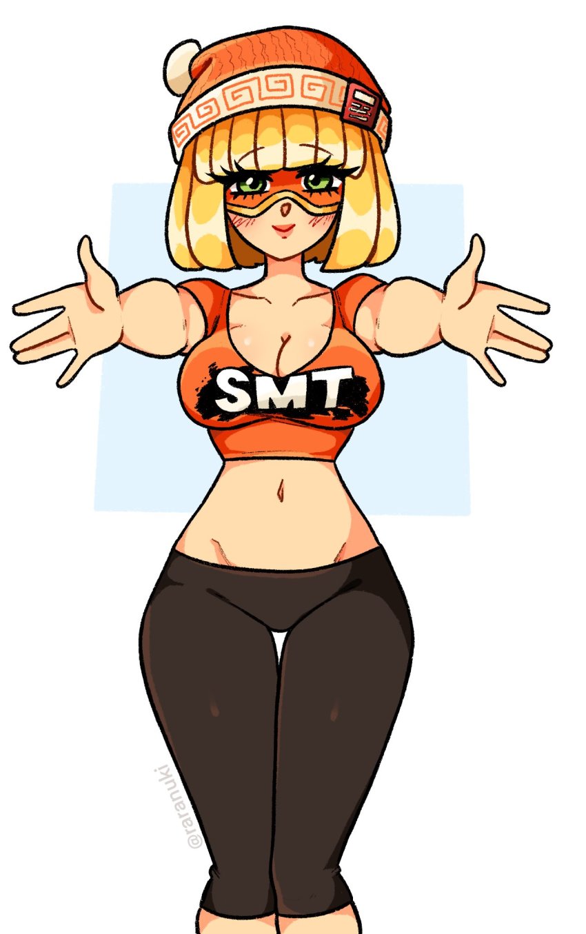 1girl, arms_(game), beanie, blonde_hair, blunt_bangs, blush, breasts, cleavage