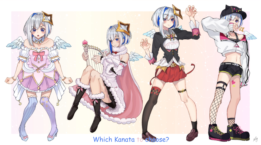 1girl, amane_kanata, angel, angel_wings, arm_up, asymmetrical_footwear, asymmetrical_hair, asymmetrical_legwear