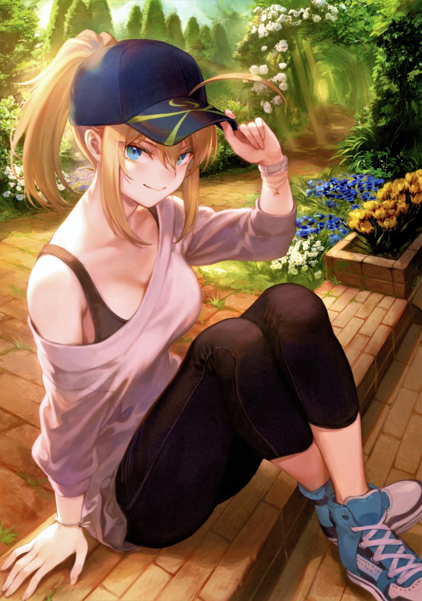 1girl, absurdres, adjusting_clothes, adjusting_headwear, ahoge, arm_support, artoria_pendragon_(fate), baseball_cap, blonde_hair, blue_eyes, blue_shoes, breasts, collarbone, colored_eyelashes, daisy_(flower), fate/grand_order, fate_(series), flower, full_body, hat, highres, long_hair, long_sleeves, looking_at_viewer, mashutarou_(neko_no_oyashiro), medium_breasts, mysterious_heroine_x_(fate), mysterious_heroine_xx_(fate), off_shoulder, pants, ponytail, scan, shoes, sidelocks, simple_background, sitting, smile, solo, sports_bra, tulip, watch, wristwatch, yellow_flower, yellow_tulip