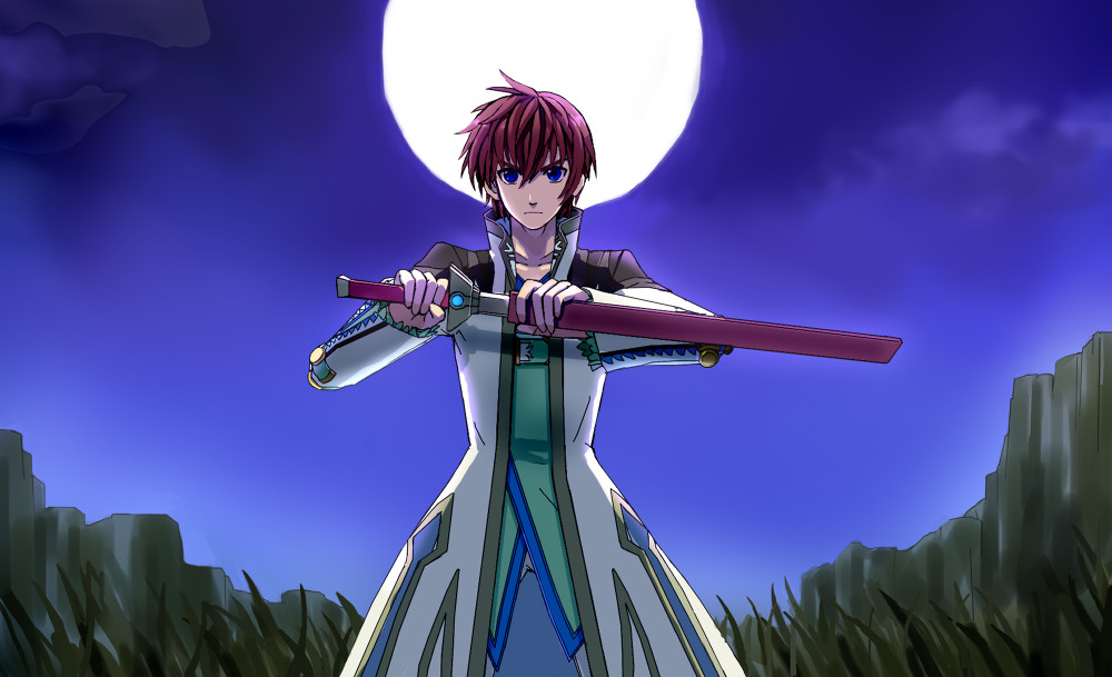 1boy, asbel_lhant, blue_eyes, fighting_stance, male_focus, moon, outdoors, ready_to_draw