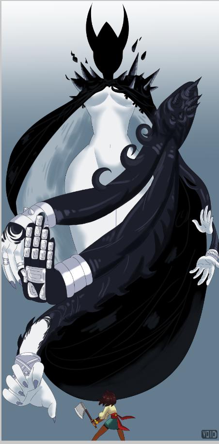 2girls, ajna_(indivisible), axe, blue_background, bracelet, breasts, brown_hair, dark-skinned_female, dark_skin, demon_girl, extra_arms, horns, indivisible, jewelry, kala_(indivisible), monster_girl, multiple_girls, navel, pale_skin, ring, sash, short_hair, silhouette, skirt, underboob, void_dot_exe, wide_hips