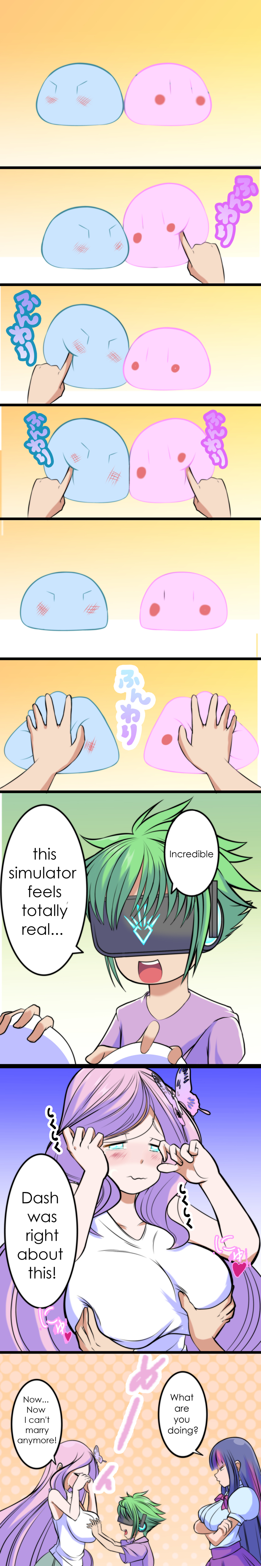 1boy, 2girls, 2others, 9koma, absurdres, age_difference, angry, aqua_eyes, blouse, breasts, bug, butterfly, butterfly_hair_ornament, comic, crossed_arms, crying, deep_skin, english_text, fluttershy, grabbing_another's_breast, green_eyes, groping, hair_ornament, half-closed_eyes, head-mounted_display, heart, highres, huge_breasts, humanization, incredibly_absurdres, insect, long_hair, multicolored_hair, multiple_girls, multiple_others, my_little_pony, my_little_pony:_friendship_is_magic, neck_ribbon, open_mouth, original, personification, pink_hair, polka_dot, profile, purple_hair, purple_shirt, ribbon, sad, shirt, short_hair, shota, sidelocks, size_difference, skin_tight, slime, smile, speech_bubble, standing, tears, teeth, twilight_sparkle, two-tone_hair, upper_teeth_only, very_long_hair, white_shirt, xxangeluciferxx