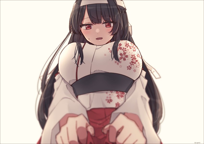 1girl, black_hair, blush, breasts, detached_sleeves, epaulettes, eyebrows, floral_print