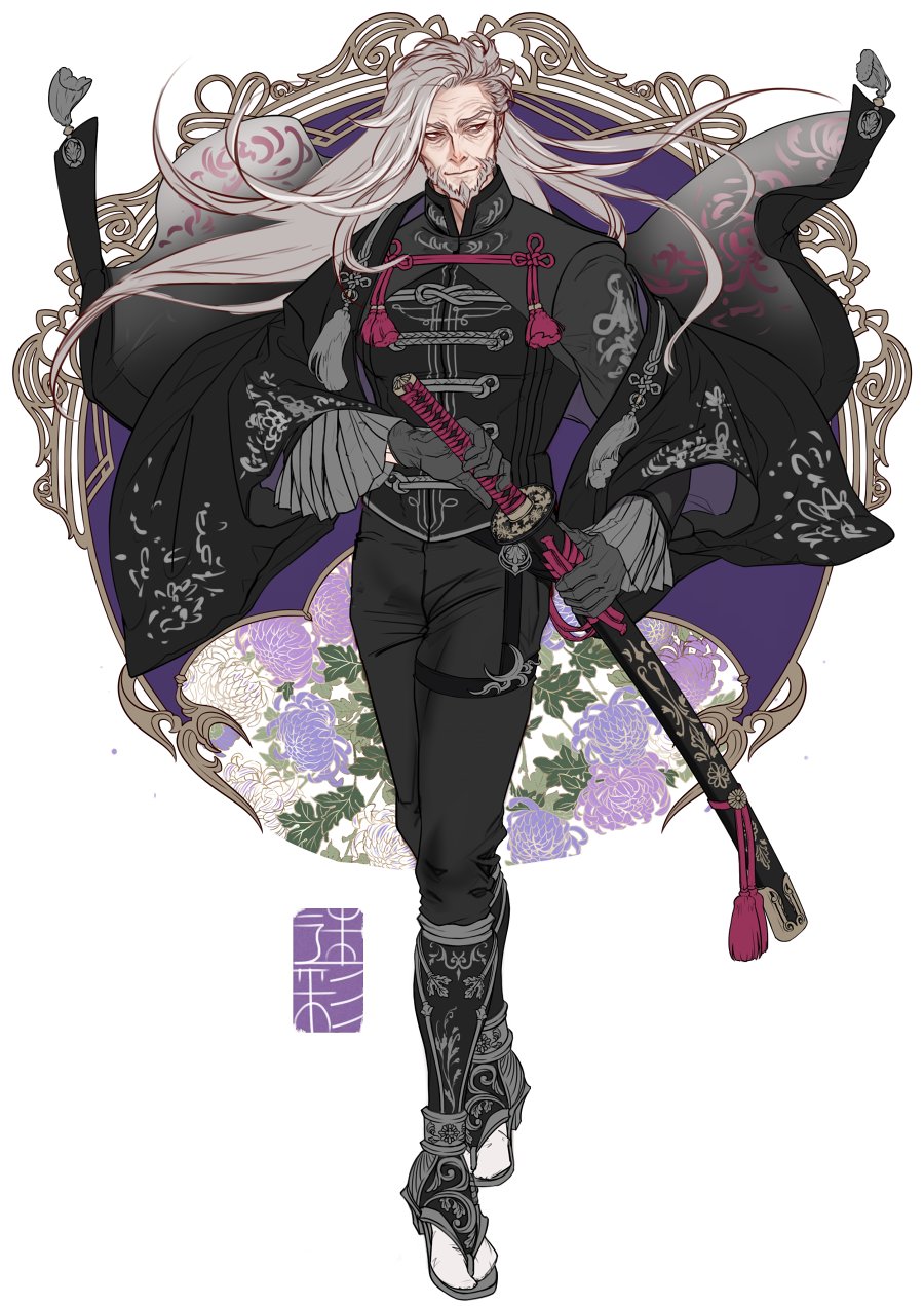 1boy, beard, black_cape, black_gloves, black_pants, black_shirt, cape, facial_hair