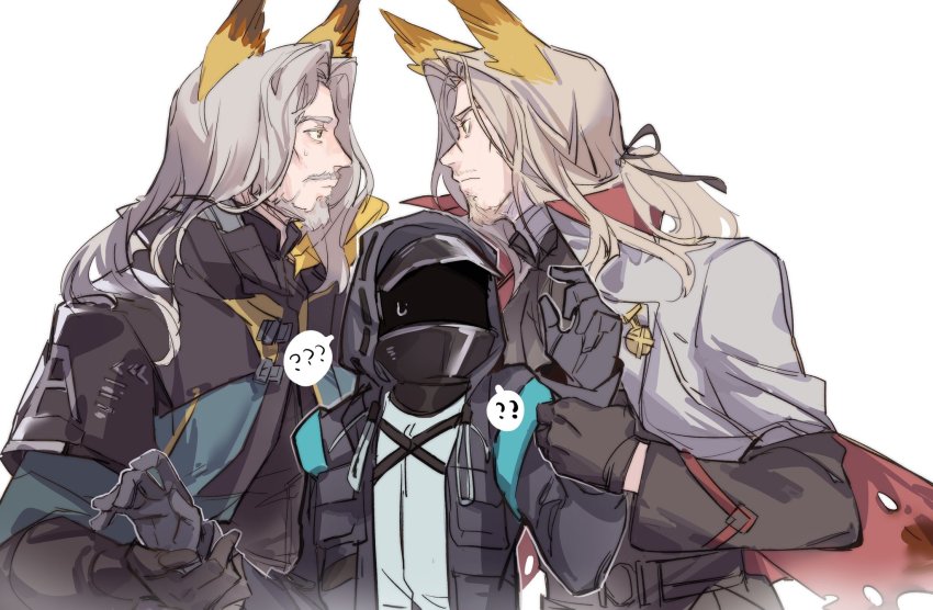 1other, 2boys, ?, animal_ears, arknights, badge, beard, black_gloves