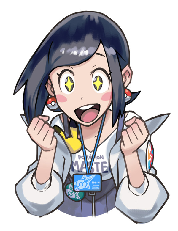 1girl, badge, black_eyes, black_hair, blue_skirt, blush_stickers, body_blush, button_badge, character_badge, clenched_hands, clothes_writing, collarbone, copyright_name, earrings, gen_1_pokemon, gen_2_pokemon, hair_behind_ear, id_card, jacket, jewelry, kana_(pokemon), nintendo, off-shoulder_jacket, off_shoulder, official_art, open_clothes, open_jacket, open_mouth, pikachu, poke_ball_earrings, poke_ball_print, poke_ball_symbol, poke_ball_theme, pokemon, pokemon_(creature), pokemon_masters_ex, porygon2, shirt, skirt, smile, solo, sparkling_eyes, star_(symbol), star_print, suspender_skirt, suspenders, teeth, tongue, upper_body, upper_teeth_only, white_background, white_jacket, white_shirt, zipper_pull_tab