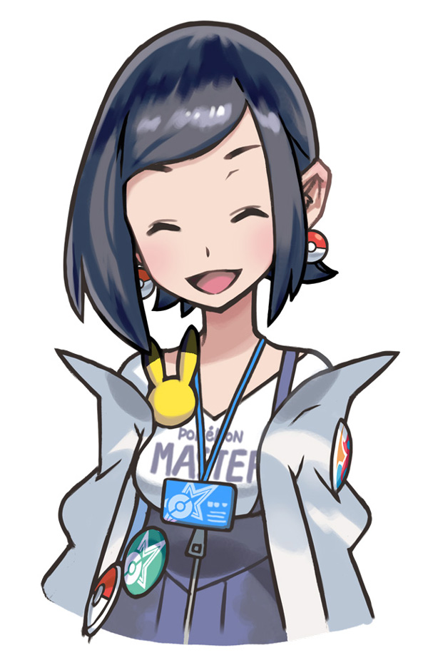 1girl, badge, black_hair, blue_skirt, blush, body_blush, breasts, button_badge