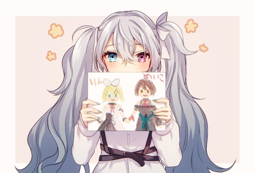 1girl, 25-ji_meiko, 25-ji_miku, 25-ji_rin, aqua_eyes, aqua_nails, aryuma772, bow