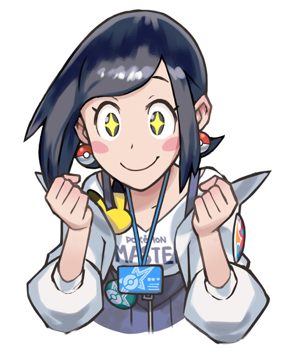 1girl, badge, black_eyes, black_hair, blue_skirt, blush_stickers, body_blush, button_badge, character_badge, clenched_hands, clothes_writing, collarbone, copyright_name, earrings, gen_1_pokemon, gen_2_pokemon, hair_behind_ear, id_card, jacket, jewelry, kana_(pokemon), nintendo, off_shoulder, official_art, open_clothes, open_jacket, pikachu, poke_ball_earrings, poke_ball_print, poke_ball_symbol, poke_ball_theme, pokemon, pokemon_(creature), pokemon_masters_ex, porygon2, shirt, skirt, smile, solo, sparkling_eyes, star_(symbol), star_print, suspender_skirt, suspenders, upper_body, white_background, white_jacket, white_shirt, zipper_pull_tab
