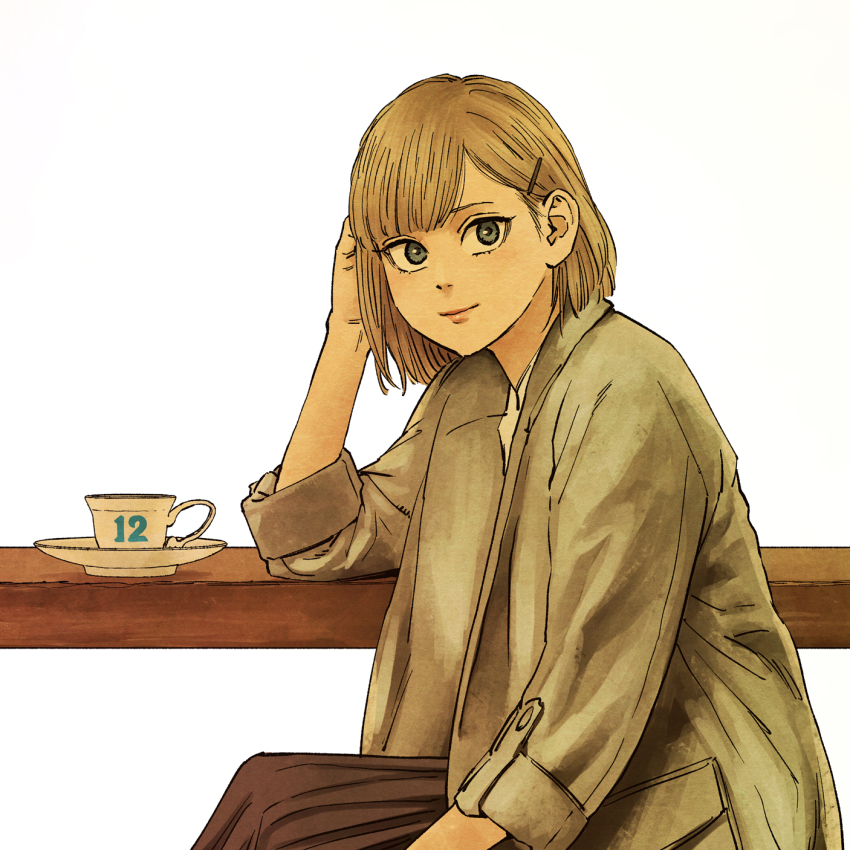 12, 1girl, aria_(vampeerz), blonde_hair, blue_eyes, brown_skirt, coat, cup, elbows_on_table, grey_coat, hair_ornament, hairclip, hand_on_own_head, higashiyama_shou, highres, looking_at_viewer, official_art, short_hair, simple_background, sitting, skirt, solo, table, teacup, vampeerz, white_background
