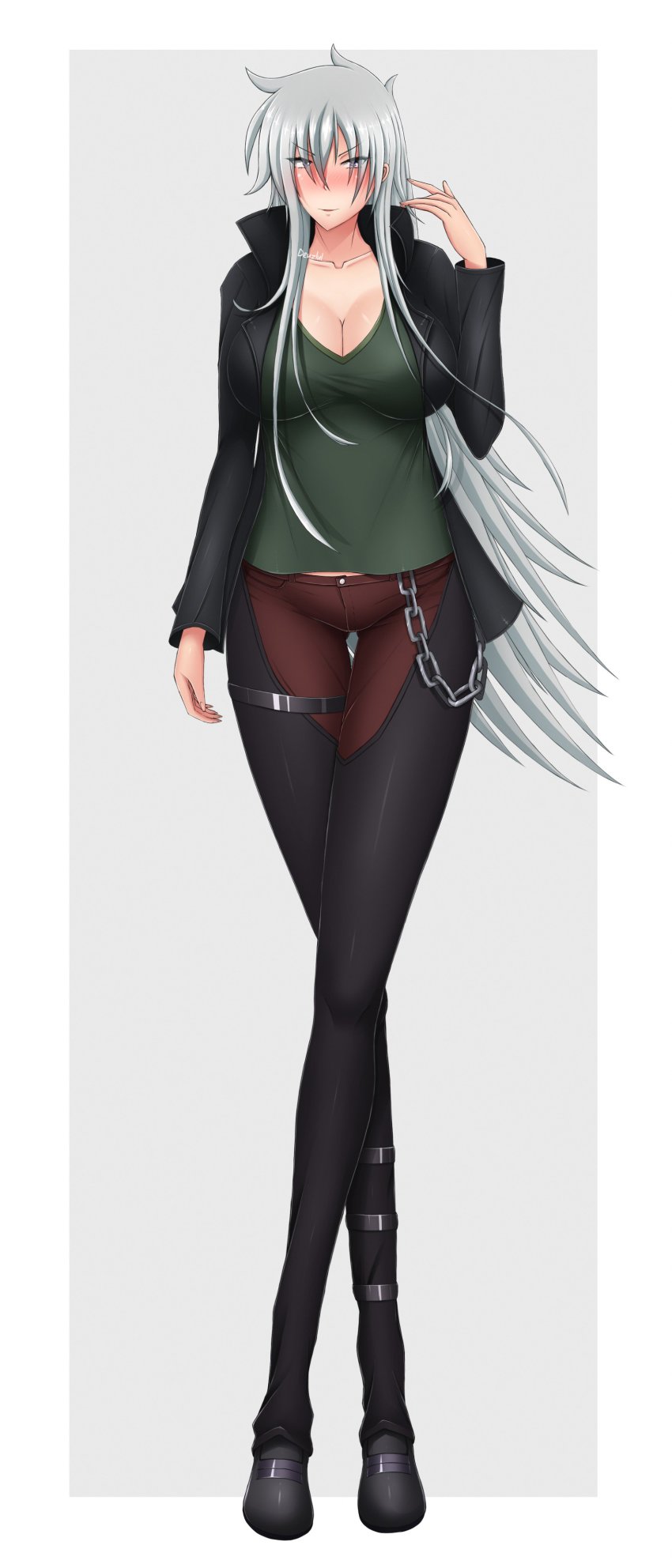 1girl, absurdres, blush, breasts, chain, cleavage, crossed_legs, deuzlul, genderswap, genderswap_(mtf), green_shirt, high_school_dxd, highres, large_breasts, long_hair, looking_at_viewer, shirt, silver_hair, smile, thigh_gap, vali_lucifer, very_long_hair, watson_cross, yellow_eyes