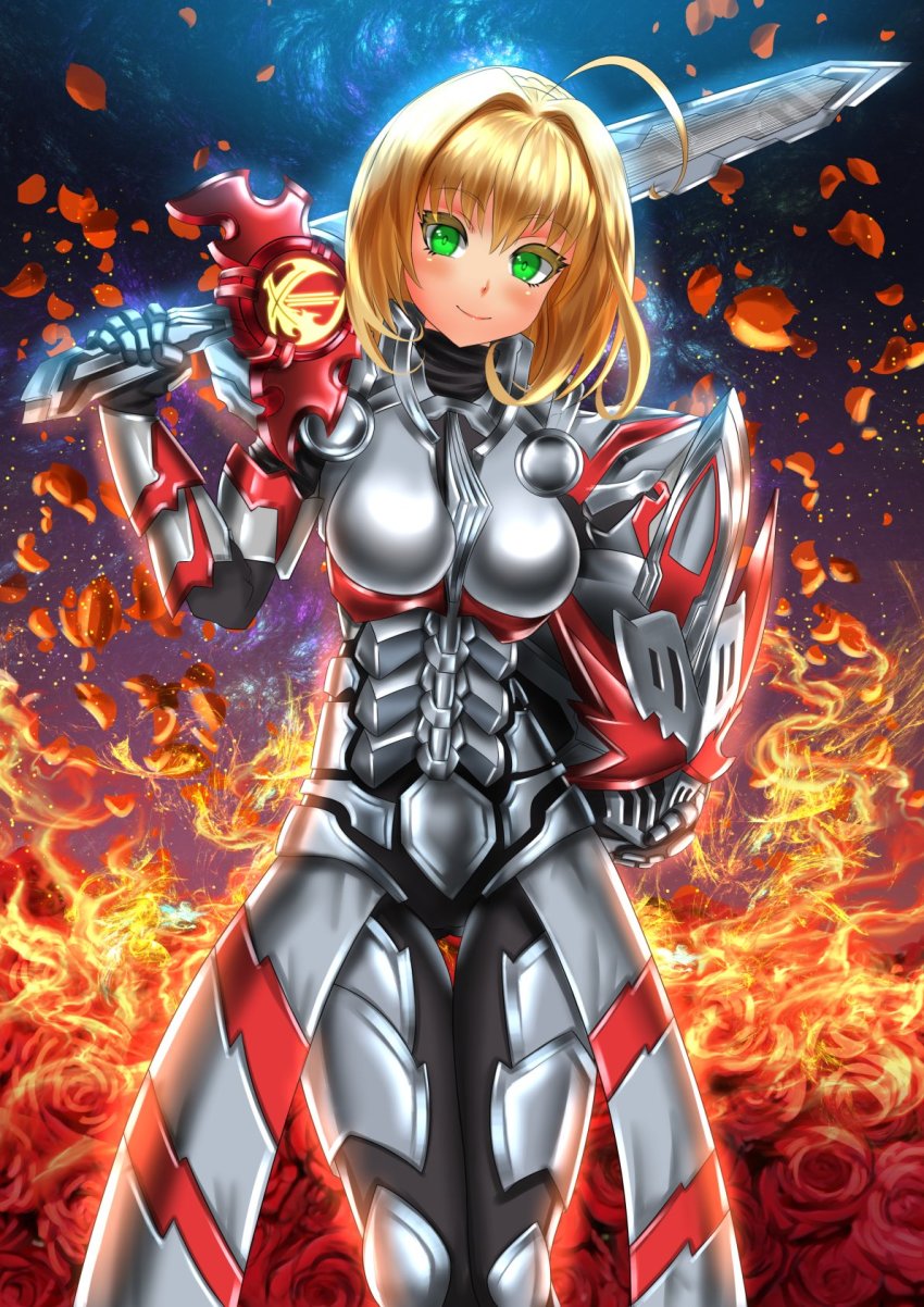 1girl, ahoge, armor, blonde_hair, blush, breasts, cosplay, fate/grand_order, fate_(series), fire, flower, green_eyes, hair_intakes, helmet, highres, holding, holding_sword, holding_unworn_helmet, holding_weapon, kaenken_rekka, kamen_rider, kamen_rider_saber, kamen_rider_saber_(cosplay), kamen_rider_saber_(series), kamen_rider_saber_draconic_knight, kein_hasegawa, large_breasts, looking_at_viewer, nero_claudius_(fate), nero_claudius_(fate/extra), rose, smile, solo, standing, sword, unworn_helmet, weapon