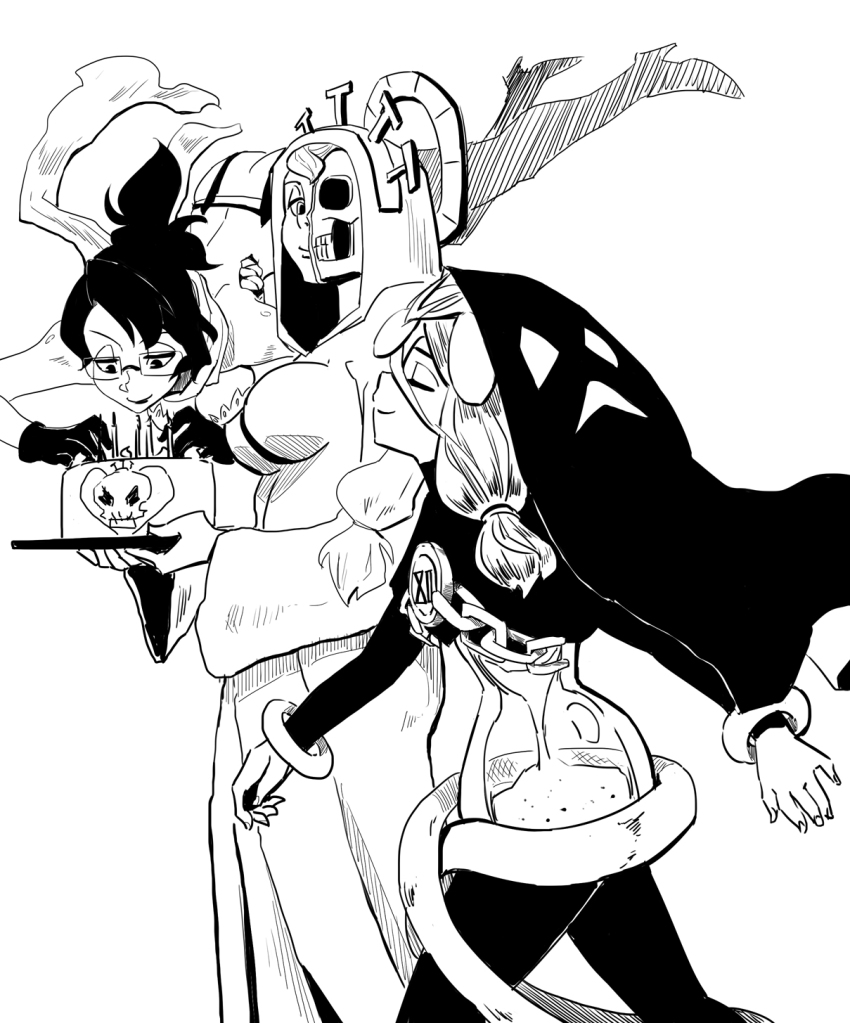 2015, 10307, 3girls, aeon_(skullgirls), birthday_cake, black_hair, butt_crack, cake