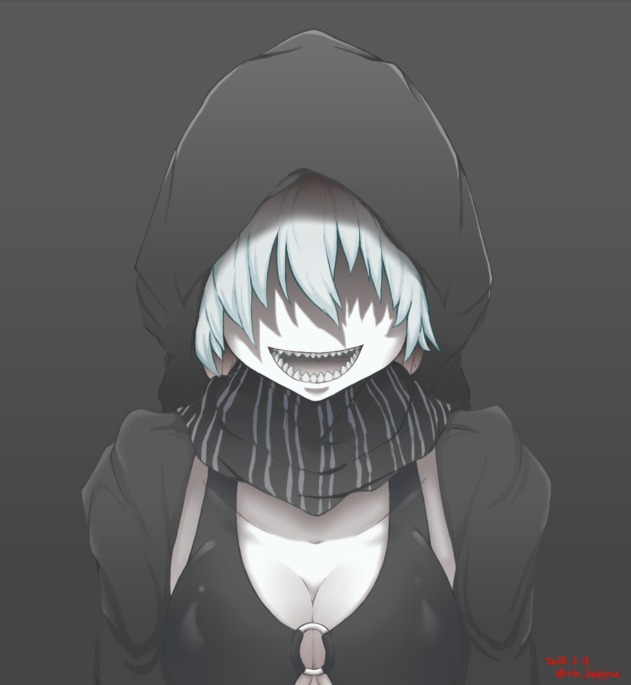 1girl, abyssal_ship, bag, black_background, breasts, cleavage, colored_skin, dated