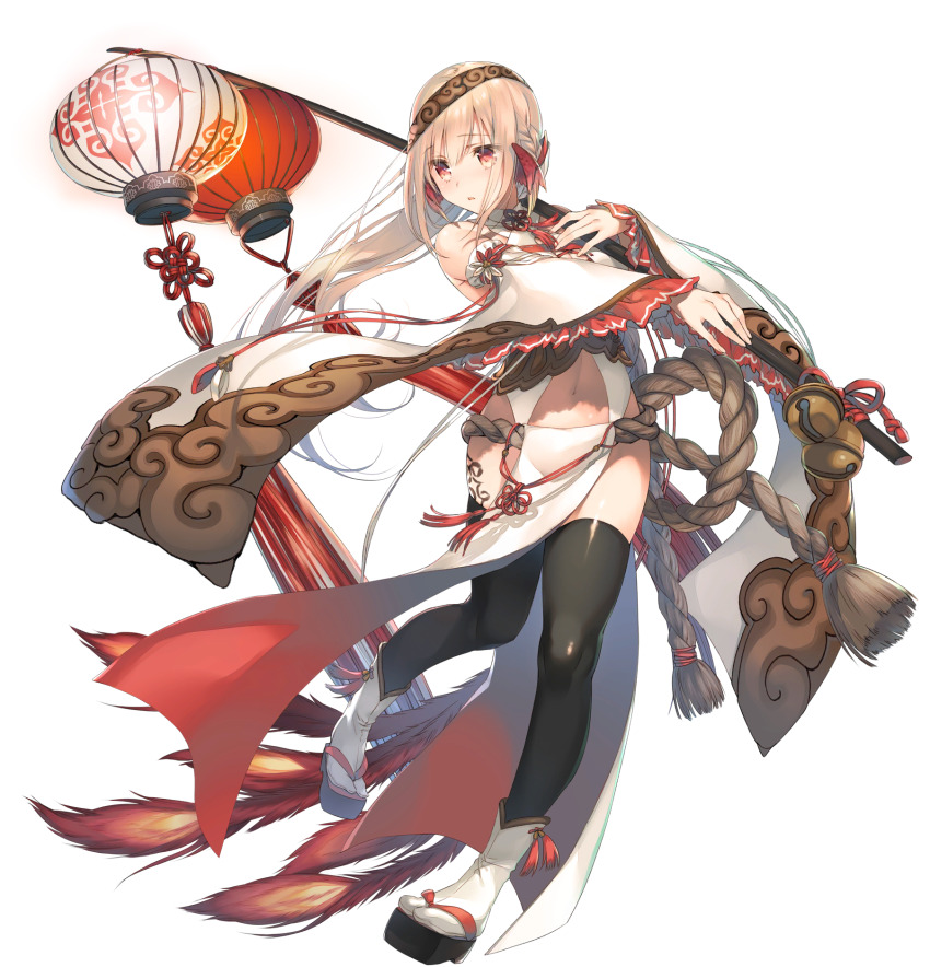 1girl, aquaplus, bell, blonde_hair, blush, braid, dress, female_focus, full_body, headband, highres, lantern, long_hair, looking_away, midriff_peek, mitsumi_misato, official_art, open_mouth, red_eyes, rope, sandals, simple_background, solo, standing, standing_on_one_leg, suzuri_(utawarerumono:_lost_flag), suzuri_guiding_lantern, tattoo, thick_thighs, thighhighs, thighs, transparent_background, utawarerumono, utawarerumono:_lost_flag, very_long_hair, white_dress