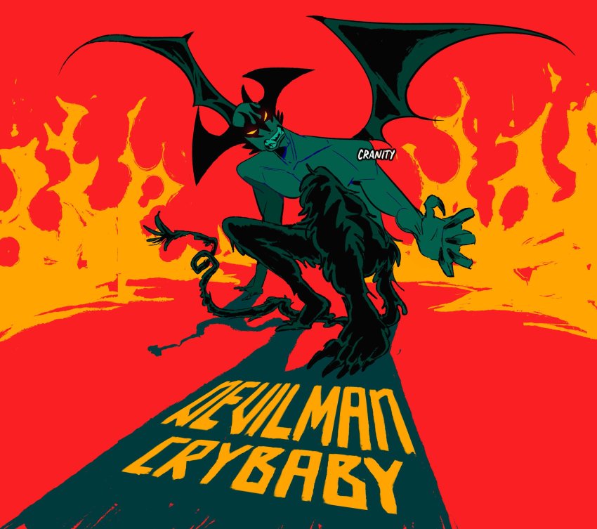 1boy, alternate_form, artist_name, claws, collarbone, colored_skin, copyright_name, cranity, demon, demon_boy, demon_horns, demon_tail, demon_wings, devilman, devilman_crybaby, english_text, fang, fangs, fingernails, fire, fudou_akira, full_body, green_skin, highres, horns, male_focus, muscular, muscular_male, no_pupils, pectorals, red_background, shadow, sharp_fingernails, sharp_teeth, solo, solo_focus, squatting, tail, teeth, topless_male, transformation, twitter_username, watermark, wings