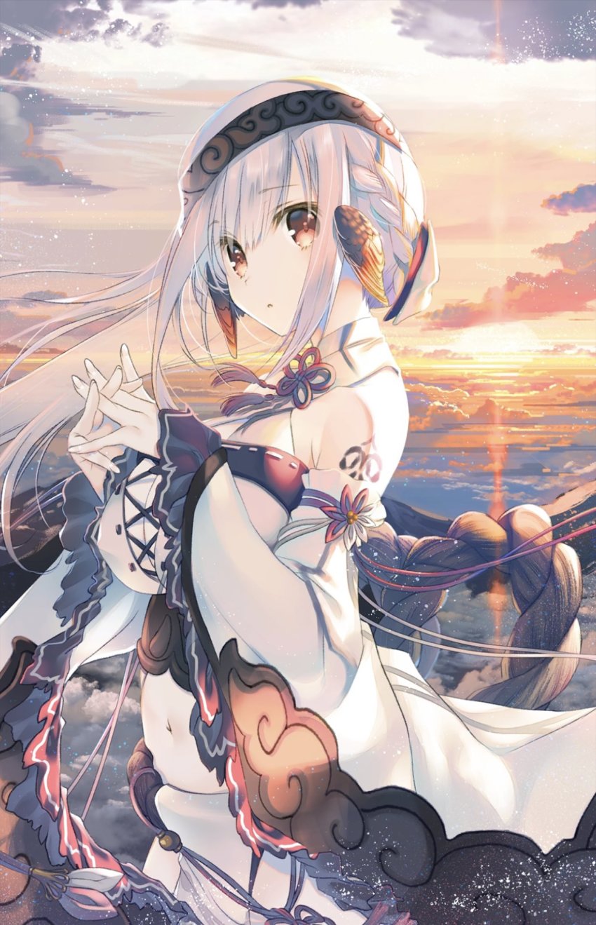 1girl, animal_ears, aquaplus, braid, breasts, cloud, cloudy_sky, evening