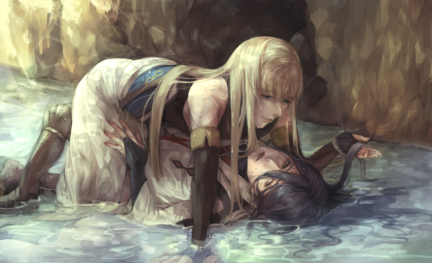 2boys, black_hair, blonde_hair, couple, elbow_gloves, fate/grand_order, fate_(series), fionn_mac_cumhaill_(fate/grand_order), gloves, green_eyes, hand_on_another's_thigh, highres, in_water, long_eyelashes, long_hair, long_sleeves, looking_at_another, looking_down, lying, multiple_boys, muscular, muscular_male, on_back, outdoors, paracelsus_von_hohenheim_(fate), sleeveless, smile, straddling, takagi_rakuji, tank_top, water, wet, wet_clothes, wet_hair, yaoi