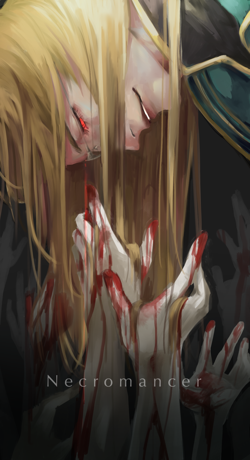 1boy, blonde_hair, blood, english_text, closed_eyes, from_side, glasses, glowing
