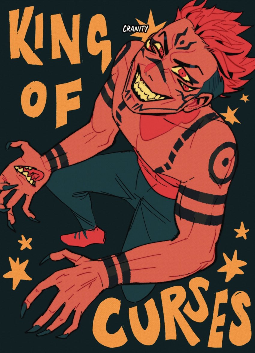 1boy, arm_tattoo, artist_name, black_background, black_hair, black_nails, blue_legwear, blue_pants